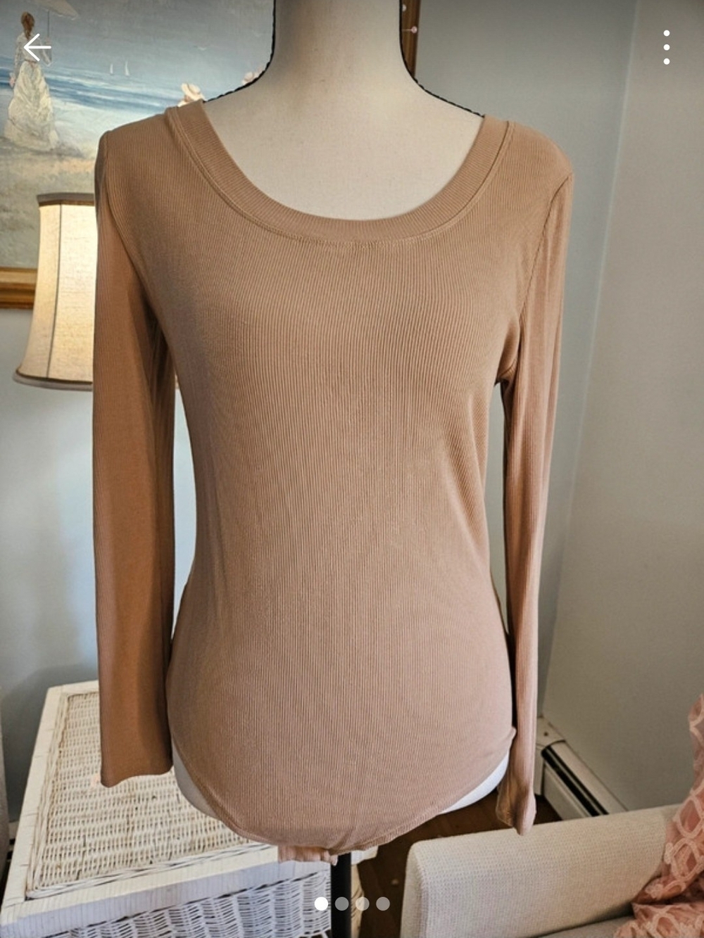 Women’s Long Sleeve Scoop Neck Top Bodysuit.- Tan